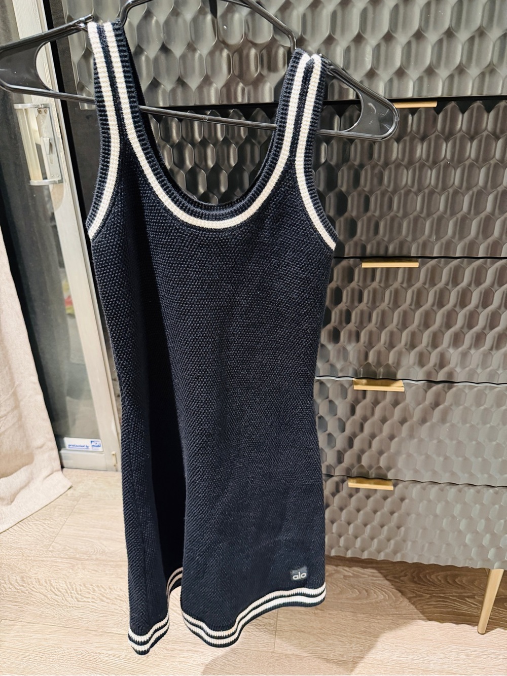 ALO Yoga Black Knit Tennis Mini Dress with Cream Trim - Picture 3 of 4